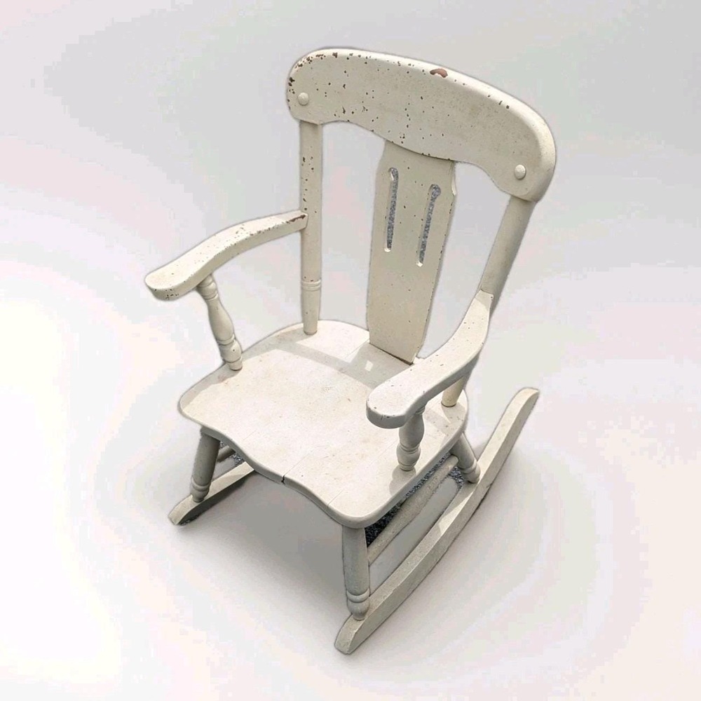 Rustic Cottagecore Farmhouse Distressed White Wooden Child Rocking Chair